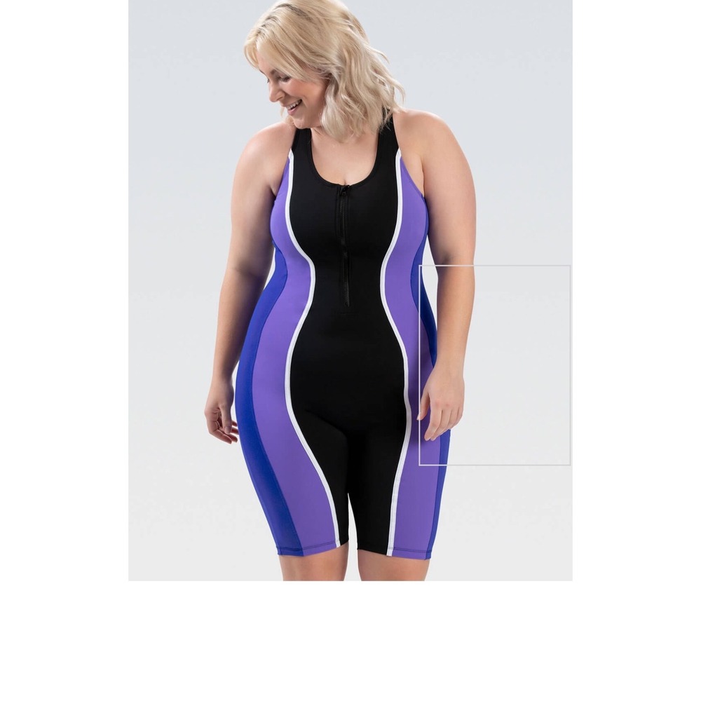 NWT Dolfin Aquashape Sz 18 Swimsuit Modest Zip Closure Blue Purple One Piece